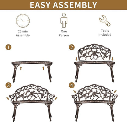 YRLLENSDAN Outdoor Bench 40in Steel Front Porch Decor Floral Garden Bench, Rose Metal Bench Outdoor Loveseat Cast Iron Patio Furniture Lawn Path Yard Deck Decor for 2 Person Seat, Bronze