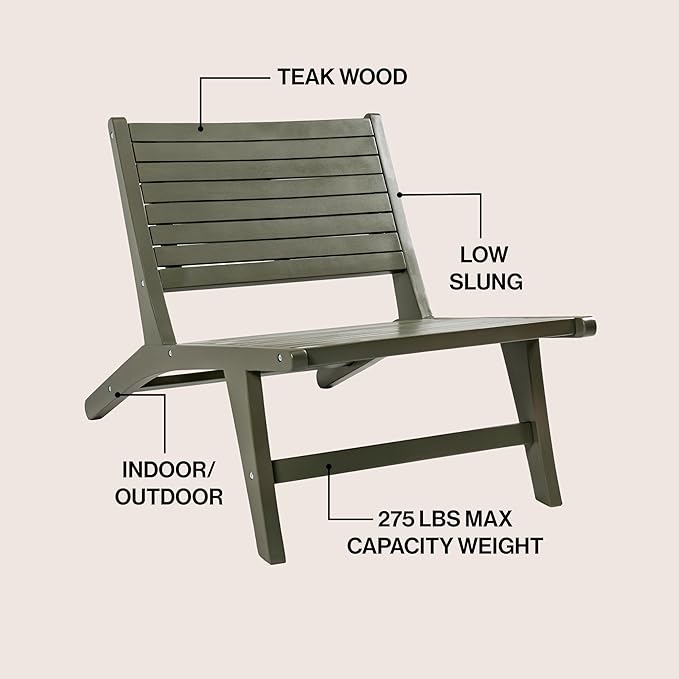 JONATHAN Y PAT2000D Leo Mid-Century Modern Wood Armless Outdoor Lounge Chair, Contemporary, Bohemian, Coastal, Transitional, Rustic, Olive Green