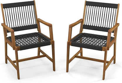 Tangkula Outdoor Acacia Wood Dining Chairs Set of 2, All-Weather Rope Woven Patio Chairs with Armrests, Outdoor Armchairs for Patio, Lawn, Garden, Backyard (1)