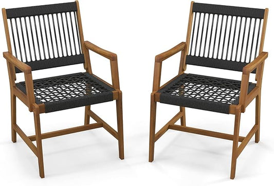 Tangkula Outdoor Acacia Wood Dining Chairs Set of 2, All-Weather Rope Woven Patio Chairs with Armrests, Outdoor Armchairs for Patio, Lawn, Garden, Backyard (1)