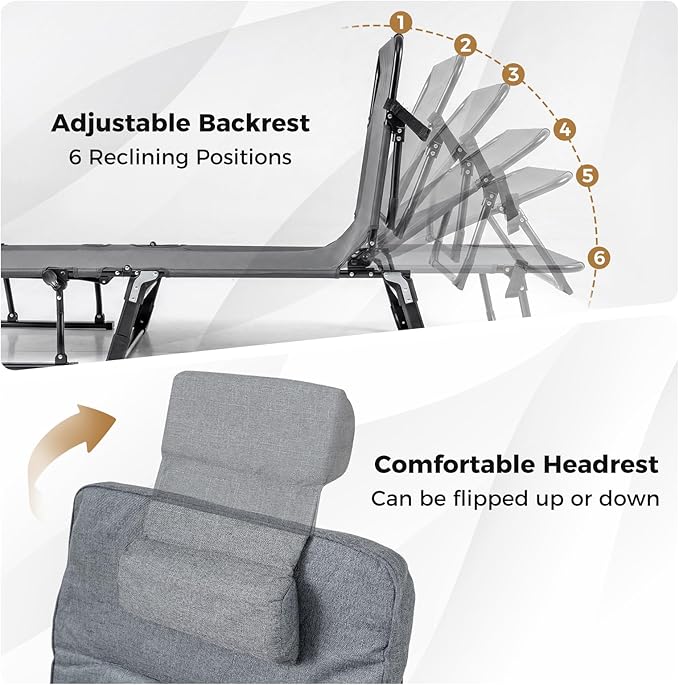 Tangkula Lounge Chair Outdoor with Cushion, 3 in 1 Convertible Outdoor Indoor Heavy Duty Folding Chaise Lounge Chair with 6-Position Adjustable Backrest & Flip-up Pillow (2,Gray)