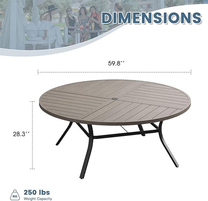 DIFY 59.8" Round Outdoor Patio Dining Table for 8-10, All-Weather Metal Steel Slatted Patio Table with 1.57" Adjustable Umbrella Hole for Garden, Backyard, Deck, Grey Wood-Like
