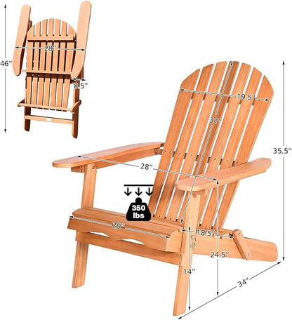 Tangkula Folding Adirondack Chair, Weather Resistant Outdoor Chair, Eucalyptus Wood Adirondack Lounger Chair for Patio Porch Deck Poolside and Backyard (1) Natural