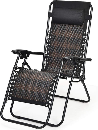 COSTWAY Zero Gravity Lounge Chair, Patio Rattan Recliner with Pillow, Lockable, Foldable & Lightweight, Suitable for Outdoor Use (Mix Brown)