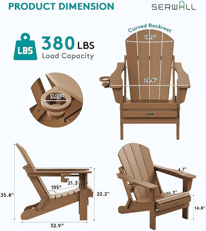 SERWALL Folding Adirondack Chair Set of 8, Weather Resistant Patio Chair with Cup Holder for Patio Garden Outdoors Fire Pit- Brown