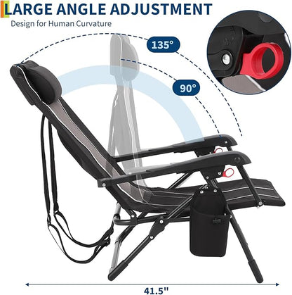 Folding Chaise Lounge Chair for Outdoor – Portable Backpack Reclining Camping Chair with Adjustable Backrest, Pillow & Breathable Fabric, Heavy-Duty 330lbs Capacity, Sun Lounger for Beach Patio Garden