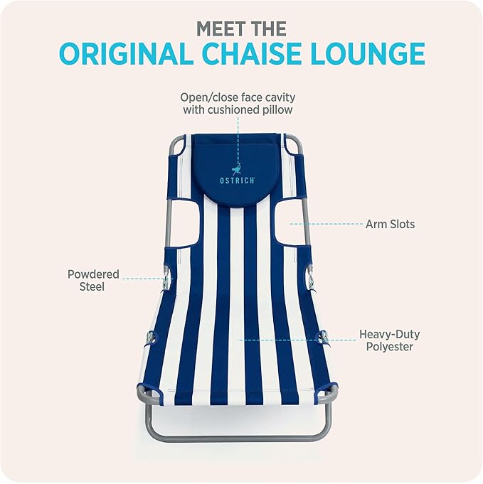 Ostrich Beach Lounge Chair, Folding & Reclining Outdoor Chaise Lounger, Blue/White Striped - Portable Adjustable Recliner Chair for Lawn, Pool, Patio, Garden, and Yard