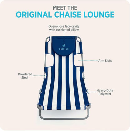 Ostrich Beach Lounge Chair, Folding & Reclining Outdoor Chaise Lounger, Blue/White Striped - Portable Adjustable Recliner Chair for Lawn, Pool, Patio, Garden, and Yard