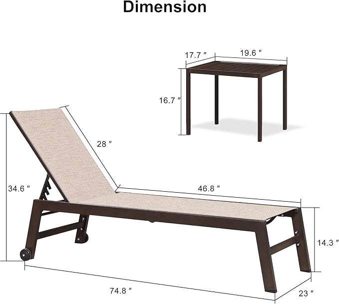 PURPLE LEAF Chaise Lounge Outdoor Set 4 Pieces Sturdy Aluminum Outdoor Chaise Lounge Chair for Pool Outside Lawn Patio Lounger with Breathable Textilene Fabric, Beige