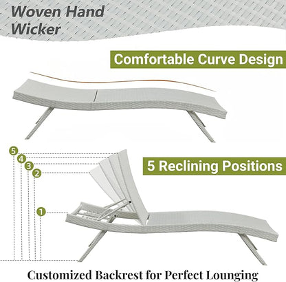 Outdoor Wicker Reclining Lounge Chair, 79" Rattan Patio Chaise Lounges for Poolside, Garden, Backyard, Set of 2, 5-Position Adjustable Backrest, Beach Sunbathing Chairs, White