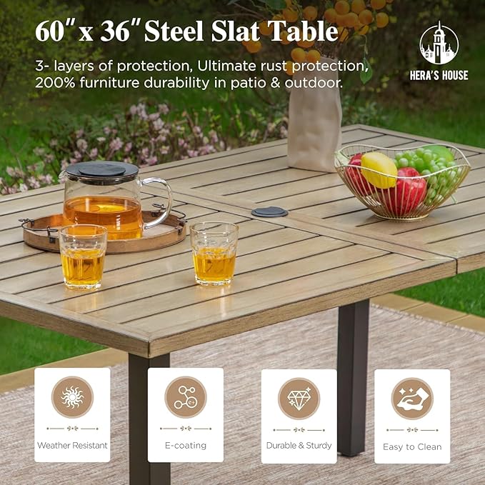 HERA'S HOUSE Outdoor Dining Table for 6, Rectangular Metal Patio Table with Umbrella Hole - Photo 3