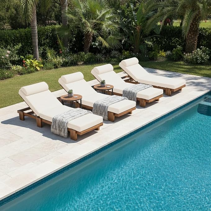 Merax 4 Piece 78.8'' Outdoor Patio Chaise Lounge Chair, Acacia Wood Adjustable Recliner with Headrest and Retractable Side Tray, Perfect for Terrace, Poolside, Garden, and Beach, Beige