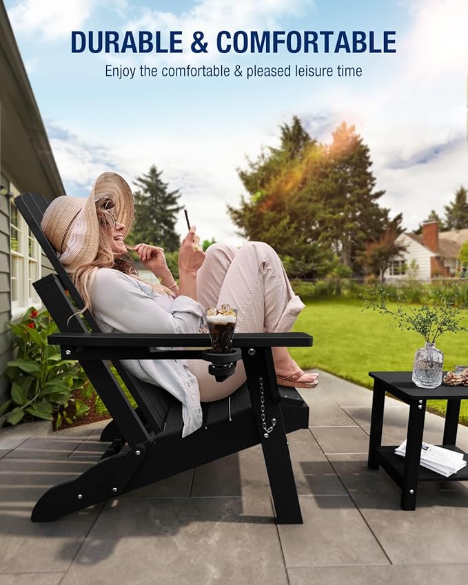 Adirondack Chair with Cup Holder: Folding Adirondack Chairs Plastic HDPE Material Furniture - Composite Fire Pit Chairs Foldable for Outdoor/Backyard/Garden/Lawn/Deck/Porch/Patio