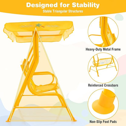 KOTEK Kids Patio Swing, 2-Seater Outdoor Hanging Bench with Adjustable Canopy, Safety Belt & Curved Armrest, Kids Swing Chair with Stand for Backyard, Garden, Lawn, Porch (Yellow Alligator)