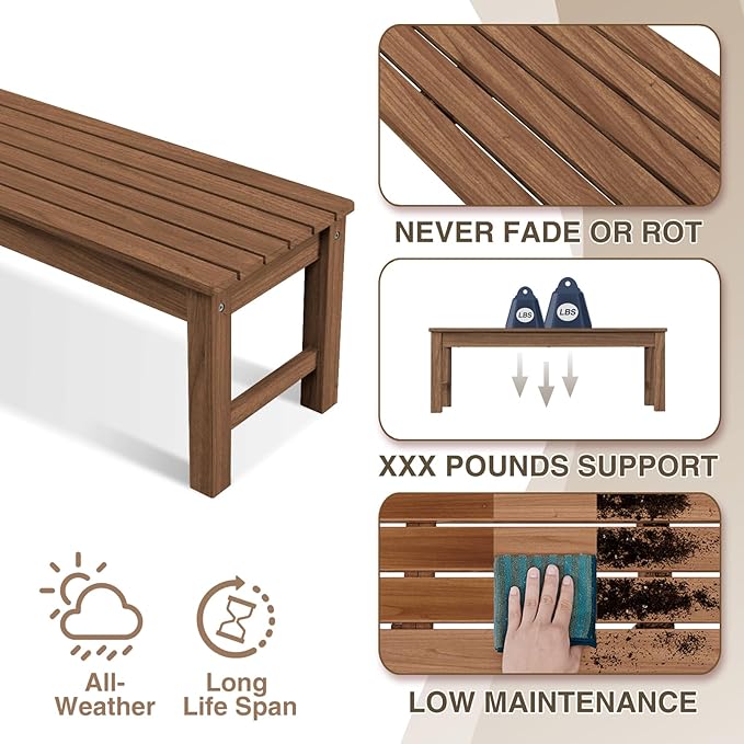 Psilvam 2-Person Outdoor Poly Lumber Patio Backless Bench, Fade-Resistant & Odor-Free Poly Lumber Patio Furniture - Photo 4