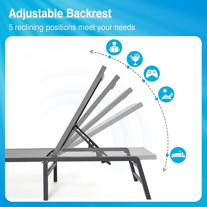 Aluminum Chaise Lounge Chair Outdoor, Foldable Patio Lounge Chair 2 Sets with Table Assemble-Free, Pool Lounge Chairs with 5 Adjustable Backrest, Outdoor Lounge Chairs for Outside Poolside Blue