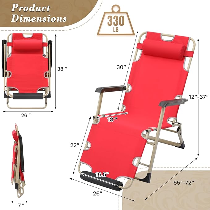 Athena Collection Zero Gravity Outdoor Lounge Chair Set of 2, 26" Width Reclining Pool Lounge Lawn Chairs Recliner with Headrest Foot Pad, Outdoor Chaise for Beach Patio Backyard Outside, Red