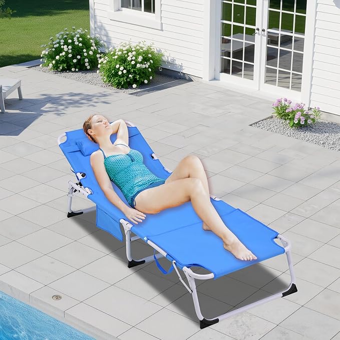3-in-1 Heavy Duty Tanning Chair with Face Hole Adjustable 5-Position Folding Chaise Lounge Chairs Outside Portable Lay - Photo 2