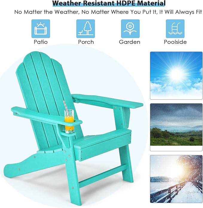 Giantex Adirondack Chair Outdoor Fire Pit Chairs, HDPE Weather Resistant Patio Chair for Outside Campfire,Deck, Garden, Yard, Lawn Furniture Porch and Lawn Seating Composite Chairs, Turquoise