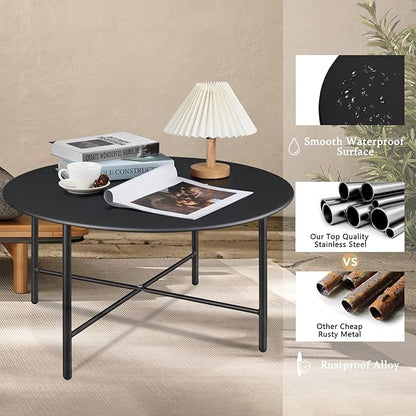 Patio Round Steel Patio Coffee Table, Weather Resistant Anti-Rust and Waterproof Indoor and Outdoor Large Side Table, for Garden Living Room Bedroom Balcony（Hight Black）