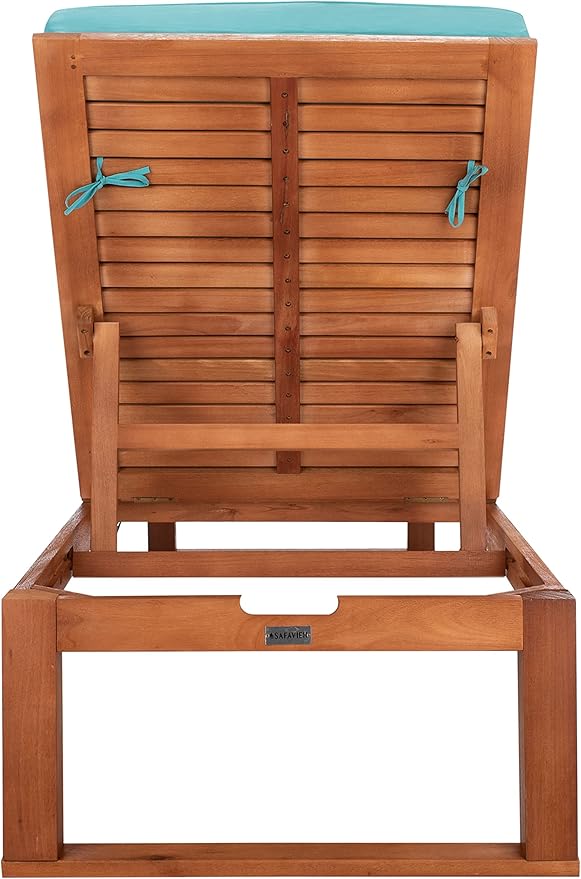 SAFAVIEH Outdoor Collection Solano Natural Brown Solid Wood/Aqua Blue Cushion Patio Adjustable Chaise Lounge Chair (PAT7024Q)