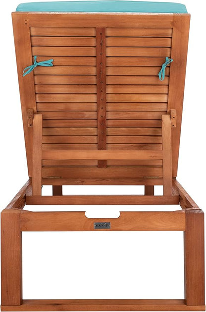 SAFAVIEH Outdoor Collection Solano Natural Brown Solid Wood/Aqua Blue Cushion Patio Adjustable Chaise Lounge Chair (PAT7024Q)