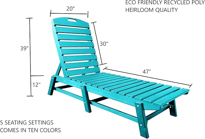 Phat Tommy Outdoor Pool Chaise Lounge, Heavy-Duty Beach Lounger - Folding, HDPE, Recycled Poly Furniture - Reclining Lounge Chair for Patio, Deck, Beach, Cabana, or Poolside, Teal
