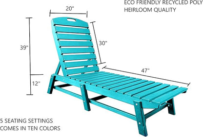 Phat Tommy Outdoor Pool Chaise Lounge, Heavy-Duty Beach Lounger - Folding, HDPE, Recycled Poly Furniture - Reclining Lounge Chair for Patio, Deck, Beach, Cabana, or Poolside, Teal
