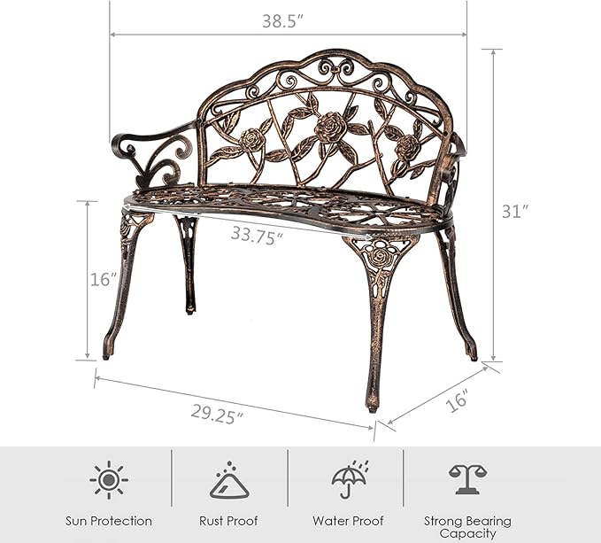JOYBASE Outdoor Patio Bench - Cast Iron & Aluminum Garden Bench, Bronze Finish