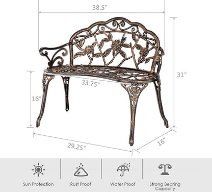 JOYBASE Outdoor Patio Bench - Cast Iron & Aluminum Garden Bench, Bronze Finish