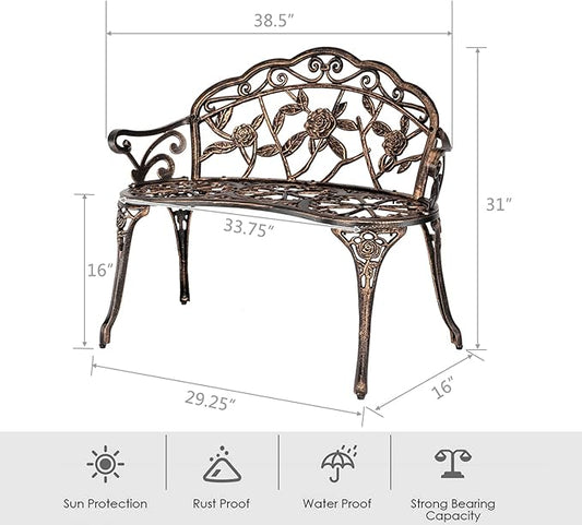 JOYBASE Outdoor Patio Bench - Cast Iron & Aluminum Garden Bench, Bronze Finish