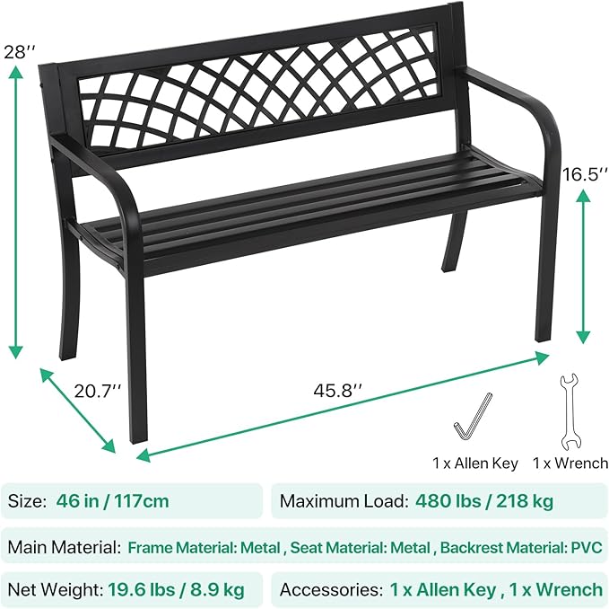 Dkeli Patio Outdoor Bench Park Metal Sturdy Cast Iron Garden Benches Porch Chair Seat Furniture with Armrests 480BLS Bearing Capacity for Park Yard Deck Entryway, Black