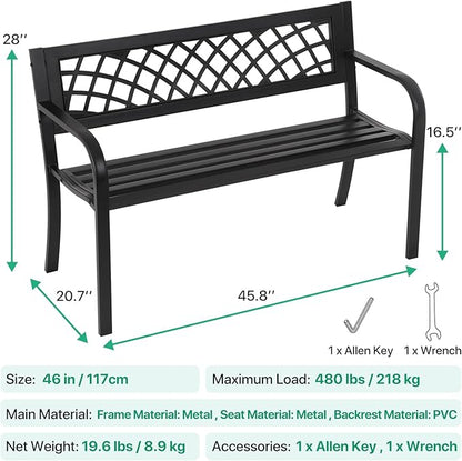 Dkeli Patio Outdoor Bench Park Metal Sturdy Cast Iron Garden Benches Porch Chair Seat Furniture with Armrests 480BLS Bearing Capacity for Park Yard Deck Entryway, Black