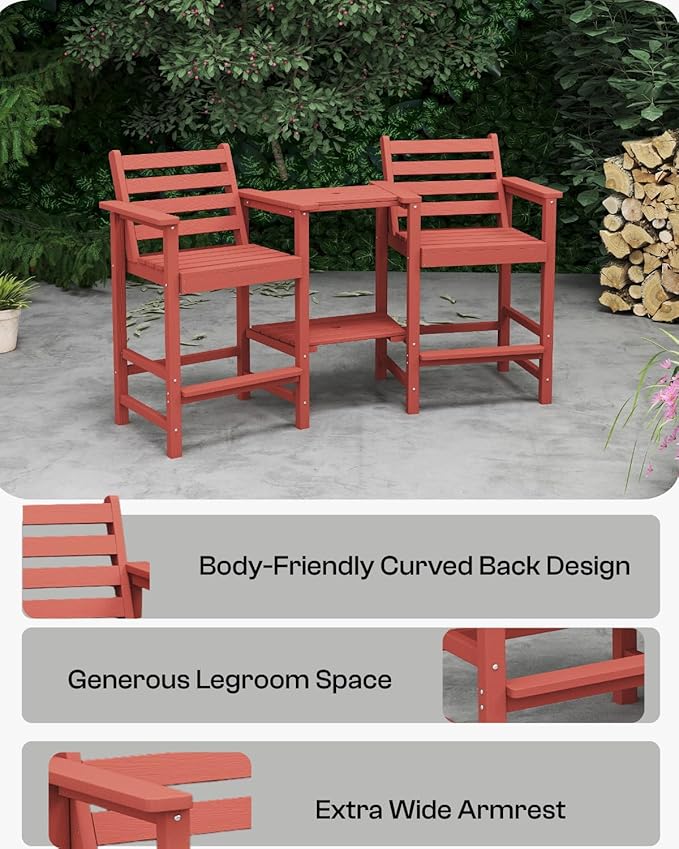 Tall HDPE Adirondack Bar Chairs Set of 2, Outdoor Balcony Bar-Height Chairs with Extra-Large Side Trays & 2" Umbrella Hole, All-Weather Patio Stools for Porch, Deck, Garden (Terracotta, 2chair)