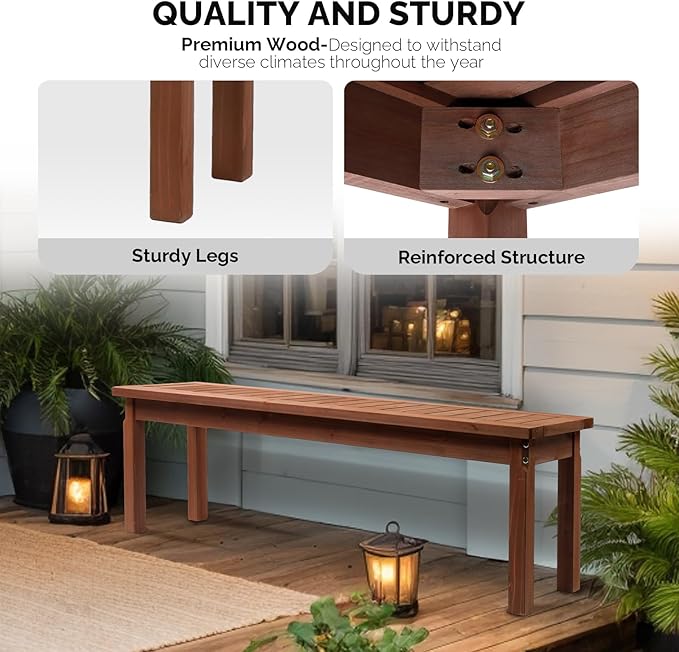 Outvita 2PCS Patio Wood Bench, 62" Long Loveseat with Stable Wood Frame, 2-Person Backless Bench w/Slatted Seat, Indoor Outdoor Dining Bench for Backyard, Poolside, Entryway, Porch
