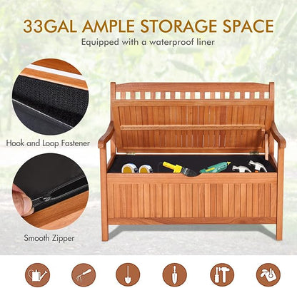 S AFSTAR Outdoor Patio Bench with Storage Box, 33 Gallon Storage Bench Deck Box with Dustproof Liner, Comfort Backrest & Wide Armrest, 800 lbs Capacity, Wood Bench for Garden Patio Park Porch