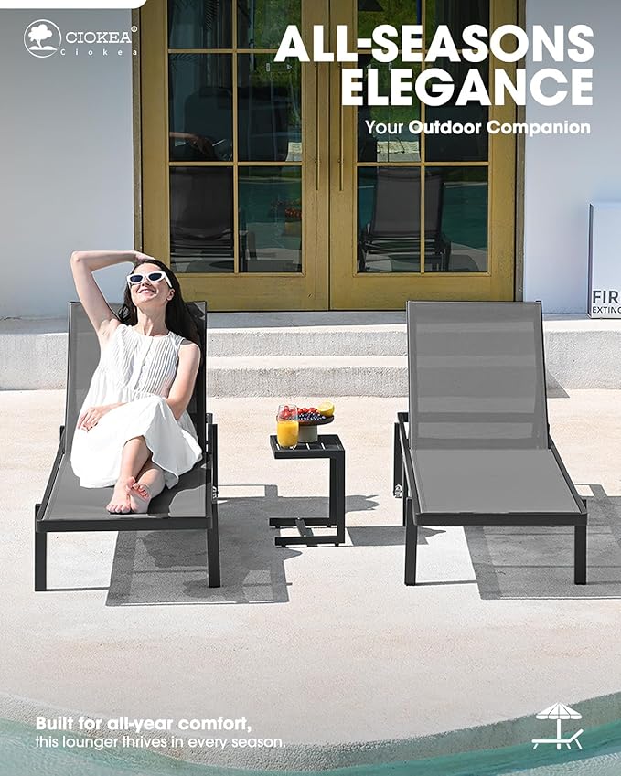 Ciokea Patio Chaise Lounge Chair Set of 2, Outdoor Lounge Chairs with Wheels, 5-Position Adjustable Sun Loungers for Pool, Deck, Beach, Grey