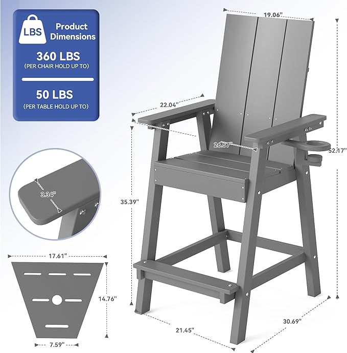 FOOWIN Tall Adirondack Chairs Set of 8,HDPE Adirondack Bar Stools with Connecting Tray & Cup Holders,Weather Resistant Balcony Chair for Outdoor Deck Lawn Pool Backyard Grey