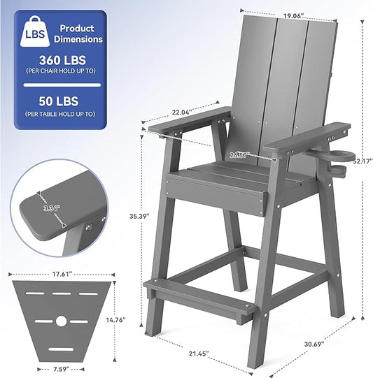 FOOWIN Tall Adirondack Chairs Set of 8,HDPE Adirondack Bar Stools with Connecting Tray & Cup Holders,Weather Resistant Balcony Chair for Outdoor Deck Lawn Pool Backyard Grey