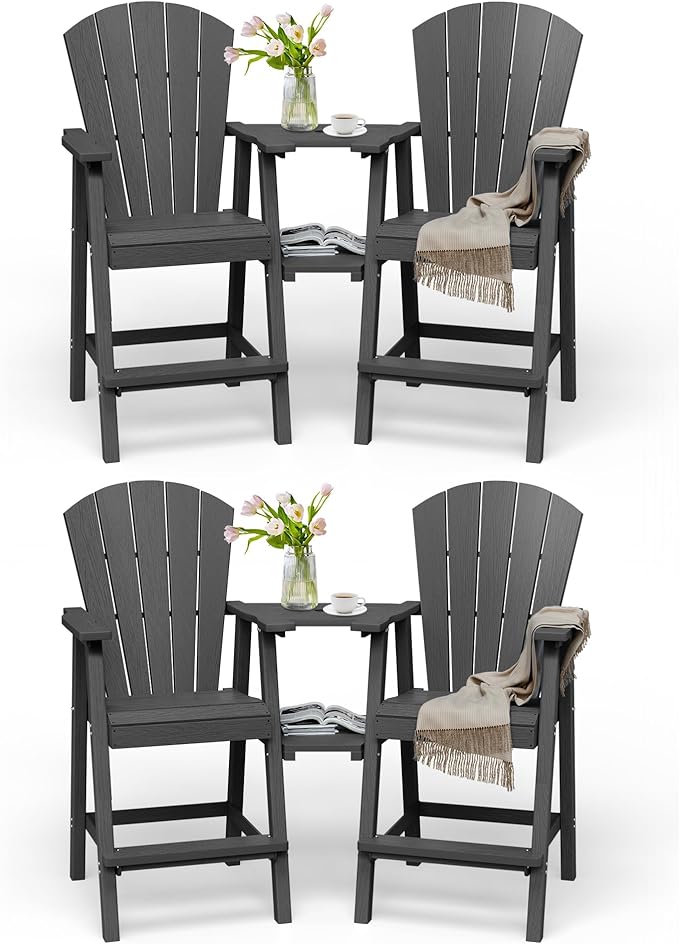 Tall Adirondack Chairs Set of 4, HDPE High Adirondack Chairs with Double Removable Trays, All Weather Outdoor Barstools for Patio, Balcony, Backyard, Deck and Garden, Darkgrey