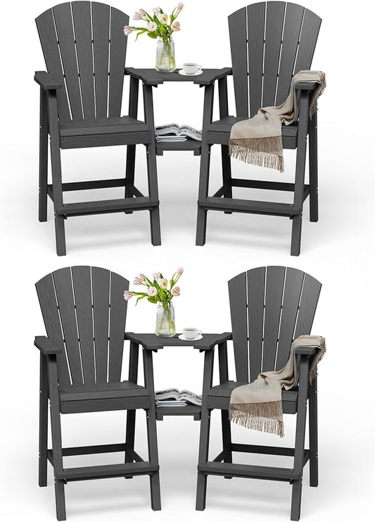 Tall Adirondack Chairs Set of 4, HDPE High Adirondack Chairs with Double Removable Trays, All Weather Outdoor Barstools for Patio, Balcony, Backyard, Deck and Garden, Darkgrey