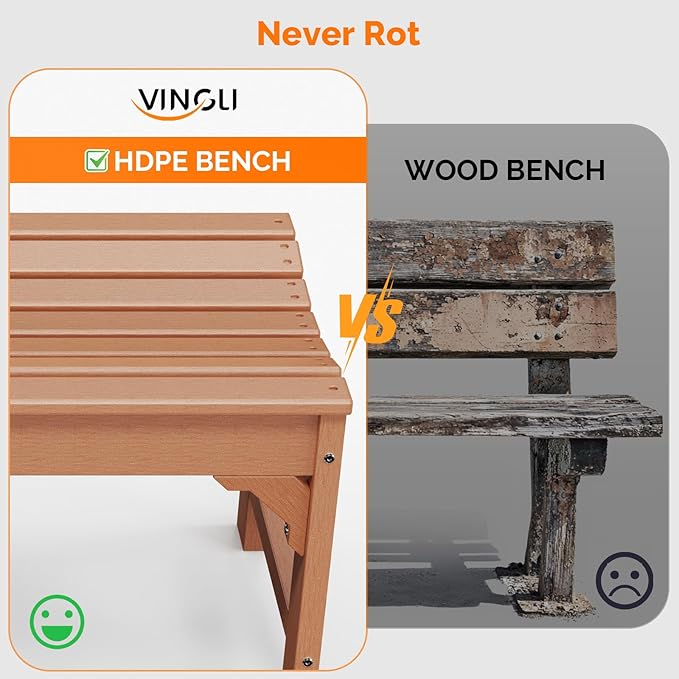VINGLI Outdoor Bench Garden Bench HDPE Porch Bench, All-Weather Patio Bench, Poly Lumber Oversized Park Bench 800 lbs Weight Capacity (Teak)