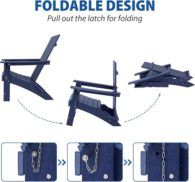Folding Adirondack Chair Weather Resistant Foldable Fire Pit Chairs HDPE Outdoor Adirondack Chair for Patio Front Porch Pool Garden Deck Fire Pit Outside, Navy Blue