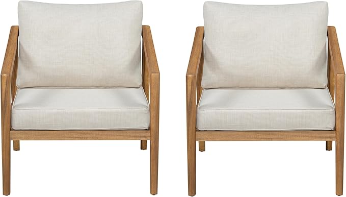 Merax 2 Piece Patio Outdoor Furniture Set, All-Weather Acacia Wood Armchairs w/Coushions, Club Chair for Porch, Lawn, Backyard, Balcony Teak+ Beige