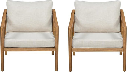 Merax 2 Piece Patio Outdoor Furniture Set, All-Weather Acacia Wood Armchairs w/Coushions, Club Chair for Porch, Lawn, Backyard, Balcony Teak+ Beige