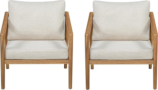 Merax 2 Piece Patio Outdoor Furniture Set, All-Weather Acacia Wood Armchairs w/Coushions, Club Chair for Porch, Lawn, Backyard, Balcony Teak+ Beige