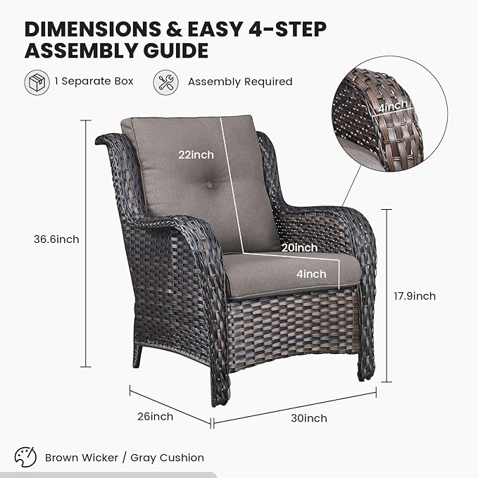 Belord High Back Patio Chairs Set of 2 - Brown Wicker Chairs Outdoor Seating - Photo 3