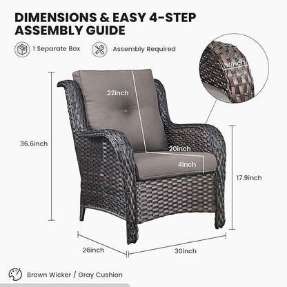 Belord High Back Patio Chairs Set of 2 - Brown Wicker Chairs Outdoor Seating, 4" Wide Armrests Rattan Outdoor Club Chair with Grey Removable Cushion for Deck Porch Backyard