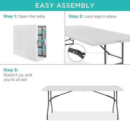 Best Choice Products 6ft Plastic Folding Table, Indoor Outdoor Heavy Duty Portable w/Handle, Lock for Picnic, Party, Camping - White