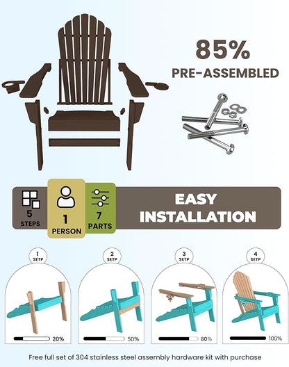 Oversized Adirondack Chair with Dual Cup Holders, Ergonomic High Back HDPE Fire Pit Chair, 380lbs Capacity All-Weather Outdoor Patio Lounge Chair for Garden, Deck, Yard - Coffee